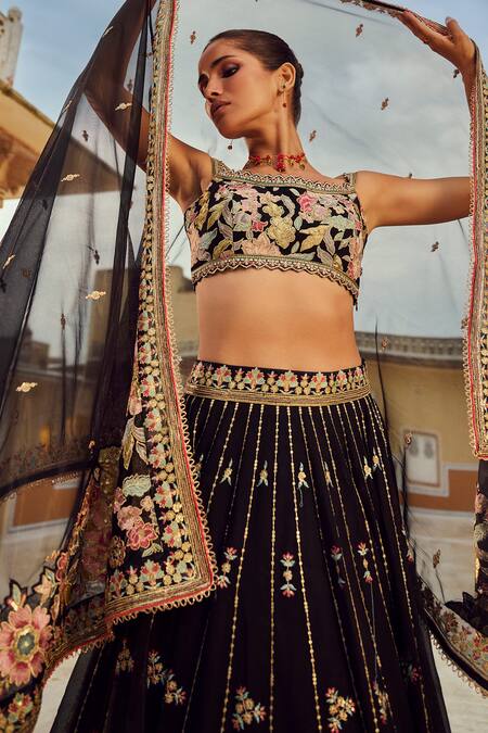 Buy Lashkaraa Black Georgette, Net Sequins, Zari, Beads Scoop Floral Embroidered Lehenga Set Buy_Lashkaraa_Black Georgette, Net Sequins, Zari, Beads Scoop Floral Embroidered Lehenga Set