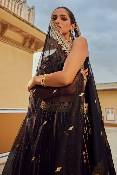 Shop Lashkaraa Black Georgette, Net Sequins, Zari, Beads Scoop Floral Embroidered Lehenga Set Shop_Lashkaraa_Black Georgette, Net Sequins, Zari, Beads Scoop Floral Embroidered Lehenga Set