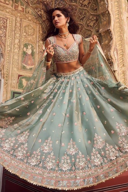 Buy_Lashkaraa_Green Organza, Net Embroidery, Sequins, Zari, Beads Floral Lehenga Set _Online_at_Aza_Fashions