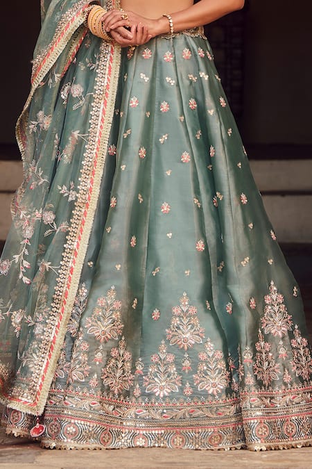 Shop_Lashkaraa_Green Organza, Net Embroidery, Sequins, Zari, Beads Floral Lehenga Set _Online_at_Aza_Fashions
