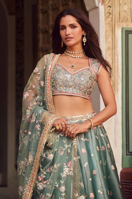 Lashkaraa_Green Organza, Net Embroidery, Sequins, Zari, Beads Floral Lehenga Set _at_Aza_Fashions