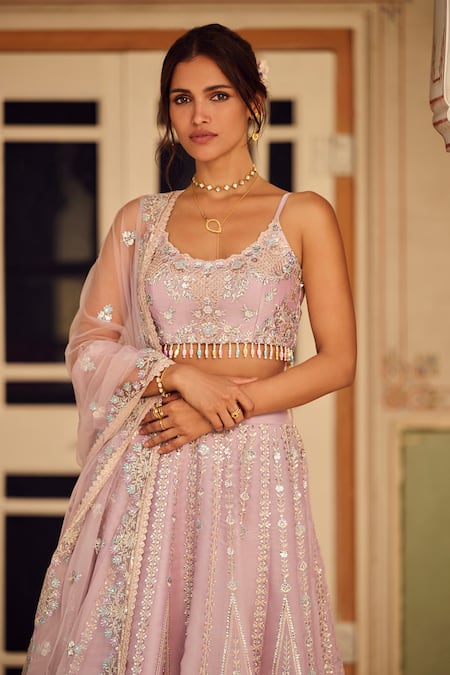 Shop Lashkaraa Purple Organza, Net Sequins, Beads, Zari Scoop Neck Embroidered Lehenga Set Online at Aza Fashions Shop_Lashkaraa_Purple Organza, Net Sequins, Beads, Zari Scoop Neck Embroidered Lehenga Set _Online_at_Aza_Fashions