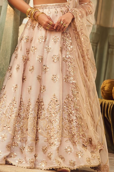 Buy_Lashkaraa_Beige Organza, Net Zari, Sequins, Beads V-neck And Work Lehenga Set _Online_at_Aza_Fashions
