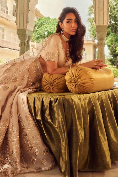 Lashkaraa_Beige Organza, Net Zari, Sequins, Beads V-neck And Work Lehenga Set _at_Aza_Fashions