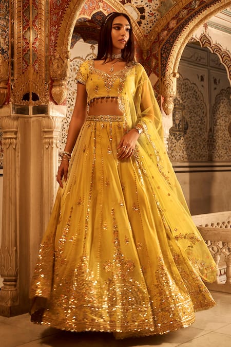 Buy_Lashkaraa_Yellow Viscose, Net Sequins, Zari, Beads Sweetheart Neck Embroidered Lehenga Set _Online_at_Aza_Fashions
