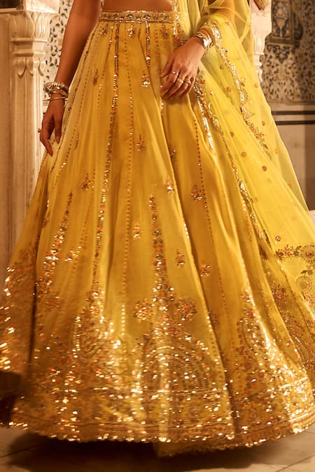 Shop_Lashkaraa_Yellow Viscose, Net Sequins, Zari, Beads Sweetheart Neck Embroidered Lehenga Set _Online_at_Aza_Fashions