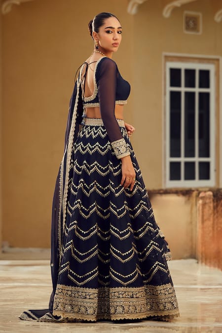 Lashkaraa Blue Organza, Net Zari, Sequins, Beads Navy Chevron Embroidered Lehenga Set Online at Aza Fashions Lashkaraa_Blue Organza, Net Zari, Sequins, Beads Navy Chevron Embroidered Lehenga Set _Online_at_Aza_Fashions