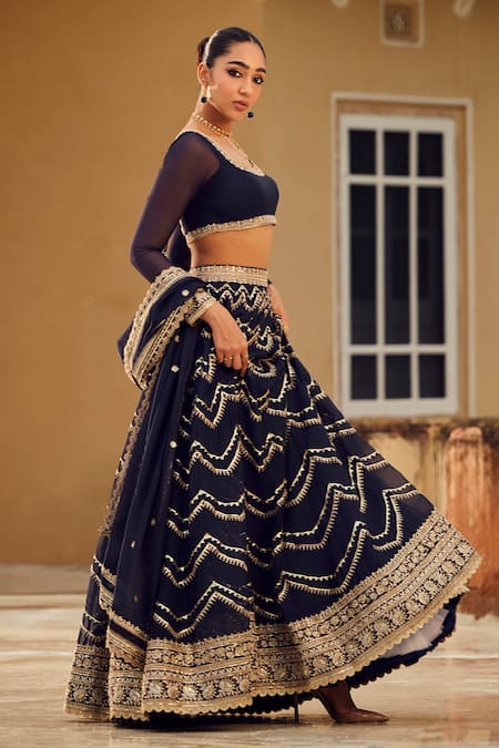 Shop Lashkaraa Blue Organza, Net Zari, Sequins, Beads Navy Chevron Embroidered Lehenga Set Online at Aza Fashions Shop_Lashkaraa_Blue Organza, Net Zari, Sequins, Beads Navy Chevron Embroidered Lehenga Set _Online_at_Aza_Fashions