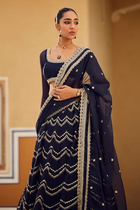 Lashkaraa Blue Organza, Net Zari, Sequins, Beads Navy Chevron Embroidered Lehenga Set at Aza Fashions Lashkaraa_Blue Organza, Net Zari, Sequins, Beads Navy Chevron Embroidered Lehenga Set _at_Aza_Fashions