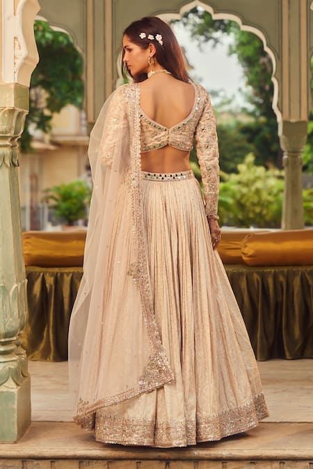 Lashkaraa_Beige Brocade, Net Beads, Sequins, Mirrors, Zari Hexagon Woven Lehenga Set _Online_at_Aza_Fashions