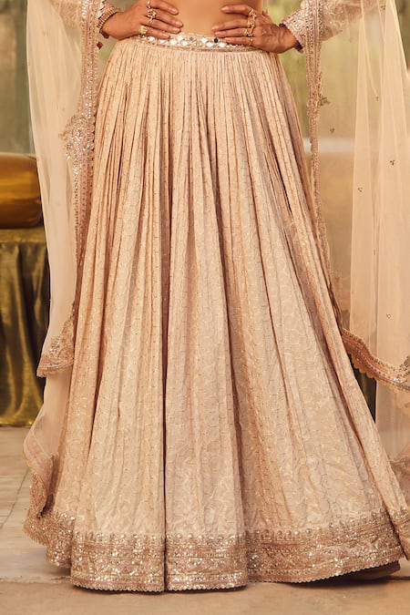 Shop_Lashkaraa_Beige Brocade, Net Beads, Sequins, Mirrors, Zari Hexagon Woven Lehenga Set _Online_at_Aza_Fashions