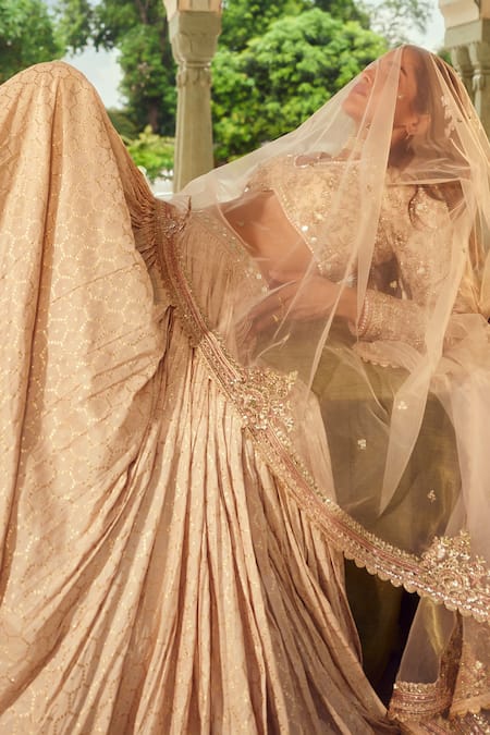 Buy_Lashkaraa_Beige Brocade, Net Beads, Sequins, Mirrors, Zari Hexagon Woven Lehenga Set 