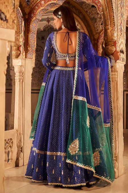 Lashkaraa_Blue Brocade, Net Sequins, Beads, Zari V-neck Geometric Woven Lehenga Blouse Set _Online_at_Aza_Fashions
