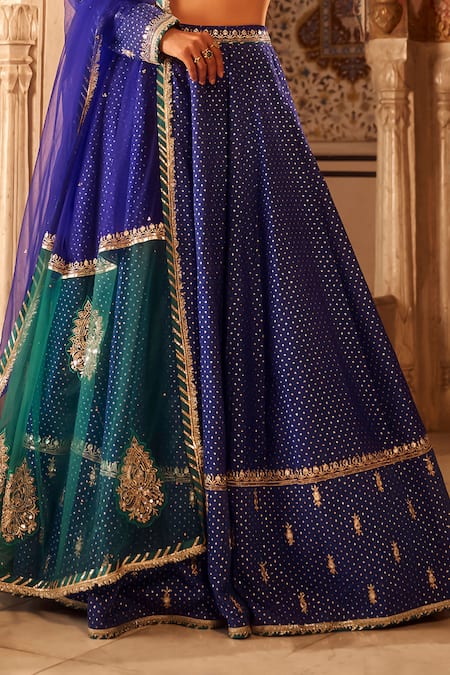 Buy_Lashkaraa_Blue Brocade, Net Sequins, Beads, Zari V-neck Geometric Woven Lehenga Blouse Set _Online_at_Aza_Fashions