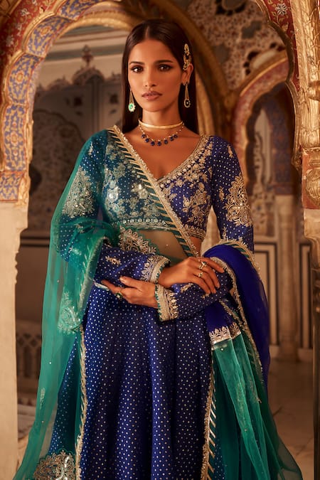 Lashkaraa_Blue Brocade, Net Sequins, Beads, Zari V-neck Geometric Woven Lehenga Blouse Set _at_Aza_Fashions