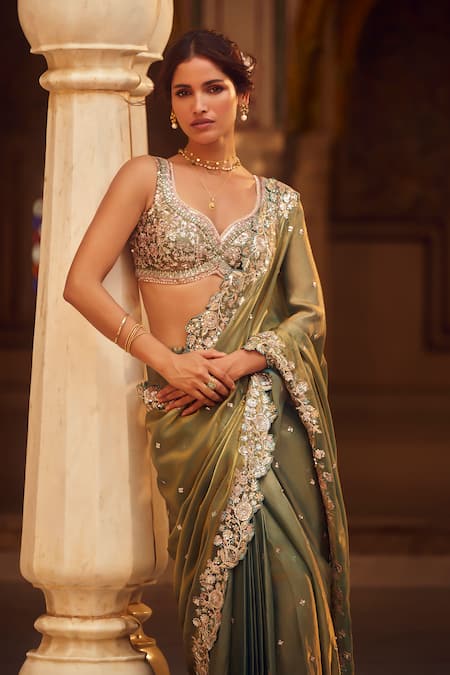 Buy_Lashkaraa_Green Satin, Silk Sequins, Embroidery, Zari Boat Pre-draped Saree And Blouse Set _Online_at_Aza_Fashions