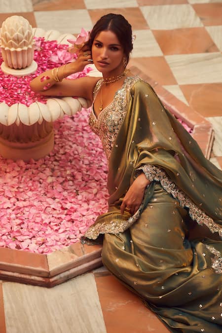 Shop_Lashkaraa_Green Satin, Silk Sequins, Embroidery, Zari Boat Pre-draped Saree And Blouse Set _Online_at_Aza_Fashions