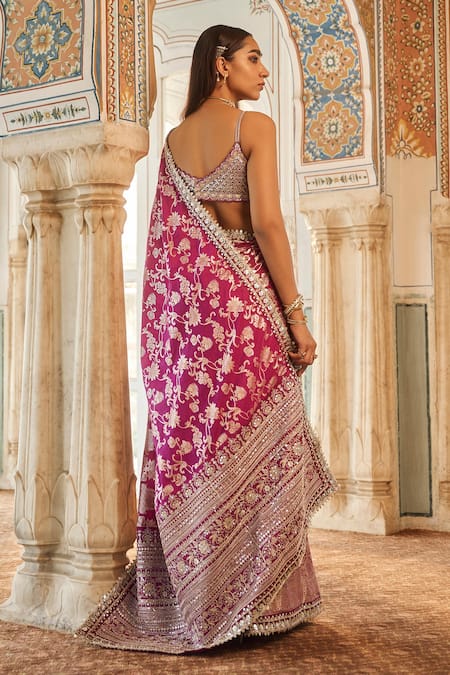 Lashkaraa_Purple Brocade Sequins, Embroidery Floral Woven Pre-draped Saree With Blouse _Online_at_Aza_Fashions