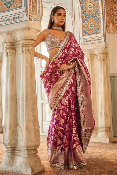 Buy_Lashkaraa_Purple Brocade Sequins, Embroidery Floral Woven Pre-draped Saree With Blouse _Online_at_Aza_Fashions