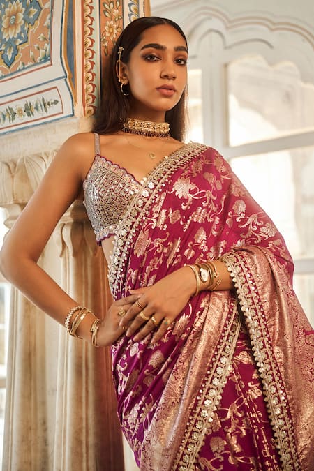 Shop_Lashkaraa_Purple Brocade Sequins, Embroidery Floral Woven Pre-draped Saree With Blouse _Online_at_Aza_Fashions
