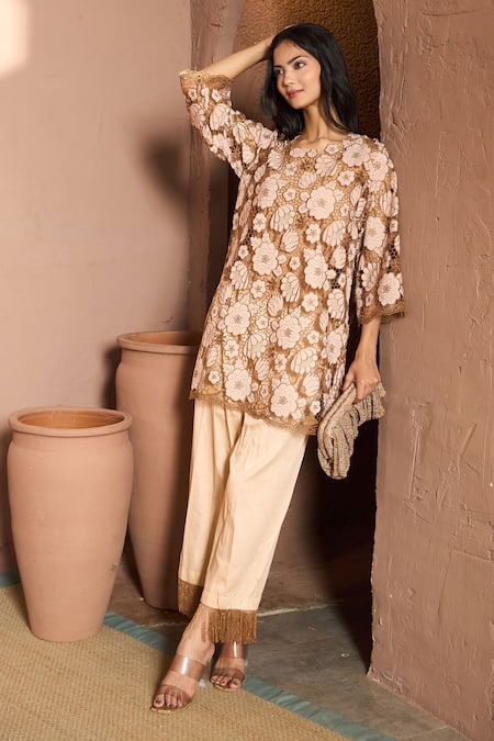 Tasuvure Beige Cotton Lace Round Cutwork Mesh Daisy Pant Set 