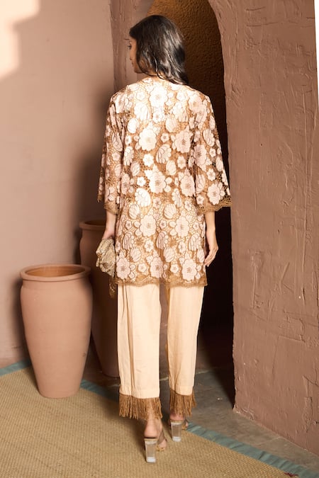 Tasuvure Beige Mesh Cutwork Daisy Pant Set 