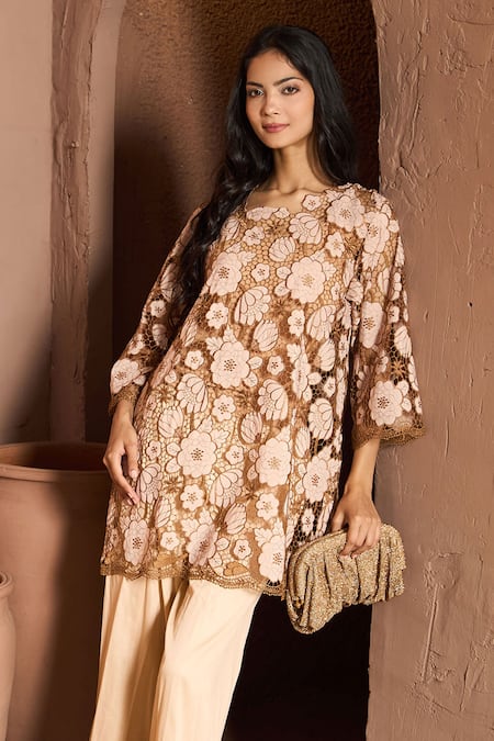 Tasuvure_Beige Round Neck Mesh Cutwork Daisy Pant Set _Online_at_Aza_Fashions