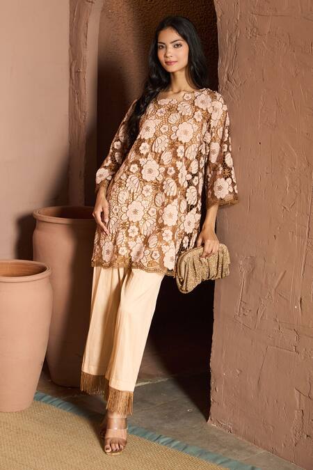 Buy_Tasuvure_Beige Round Neck Mesh Cutwork Daisy Pant Set _Online_at_Aza_Fashions