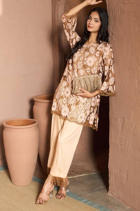 Shop_Tasuvure_Beige Round Neck Mesh Cutwork Daisy Pant Set _Online_at_Aza_Fashions