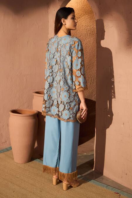 Shop_Tasuvure_Blue Cotton Embroidery, Fringe Round Myra Mesh Daisy Tunic And Pant Co-ord Set _at_Aza_Fashions