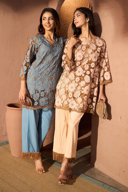 Tasuvure_Blue Cotton Embroidery, Fringe Round Myra Mesh Daisy Tunic And Pant Co-ord Set _Online_at_Aza_Fashions