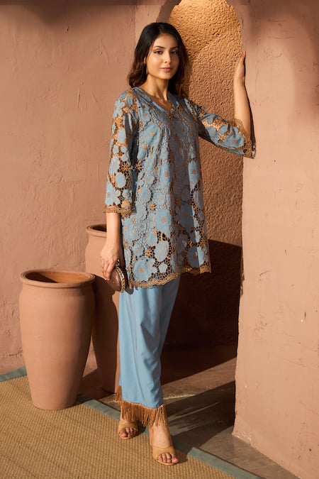 Buy_Tasuvure_Blue Cotton Embroidery, Fringe Round Myra Mesh Daisy Tunic And Pant Co-ord Set _Online_at_Aza_Fashions