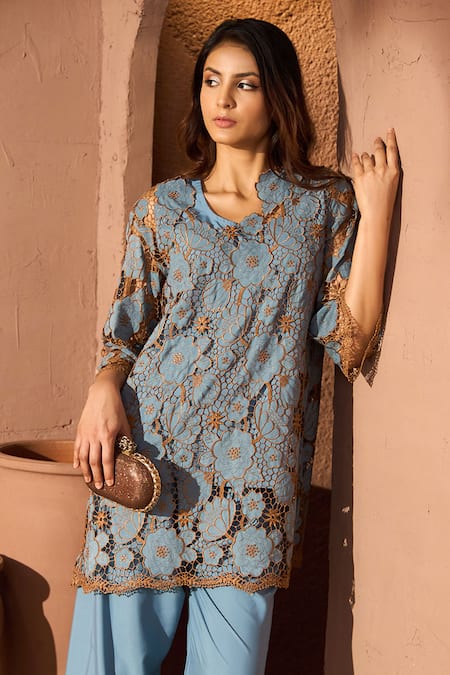 Shop_Tasuvure_Blue Cotton Embroidery, Fringe Round Myra Mesh Daisy Tunic And Pant Co-ord Set _Online_at_Aza_Fashions
