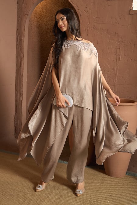 Buy_Tasuvure_Beige Silk One-shoulder Embroidered Cape And Pant Set _Online_at_Aza_Fashions