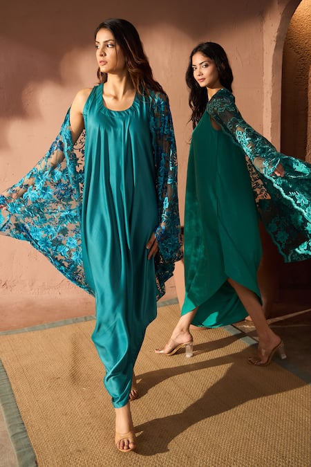 Tasuvure_Blue Satin, Silk, Lace Round Neck Dress With Chantilly Cape _Online_at_Aza_Fashions