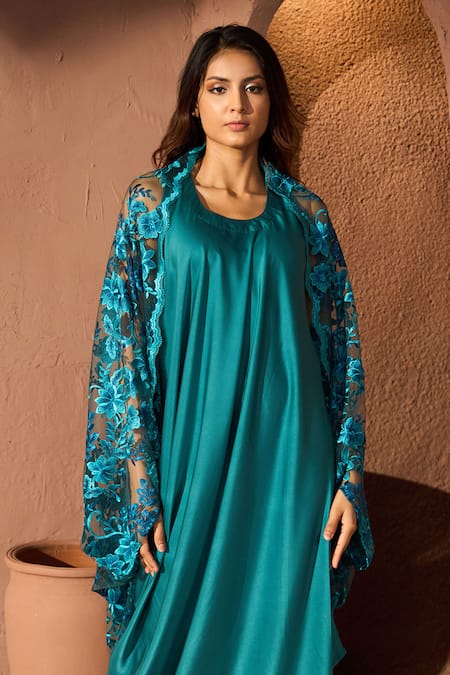 Buy_Tasuvure_Blue Satin, Silk, Lace Round Neck Dress With Chantilly Cape _Online_at_Aza_Fashions
