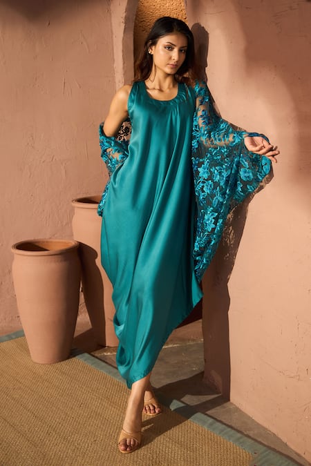 Shop_Tasuvure_Blue Satin, Silk, Lace Round Neck Dress With Chantilly Cape _Online_at_Aza_Fashions