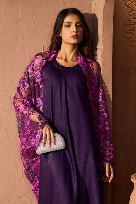 Tasuvure_Purple Satin, Silk, Lace Round Neck Slip Easy Dress With Floral Cape _Online_at_Aza_Fashions