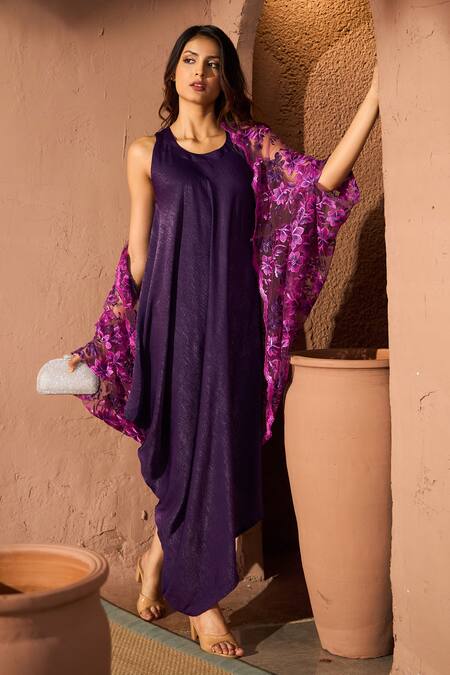 Buy_Tasuvure_Purple Satin, Silk, Lace Round Neck Slip Easy Dress With Floral Cape _Online_at_Aza_Fashions