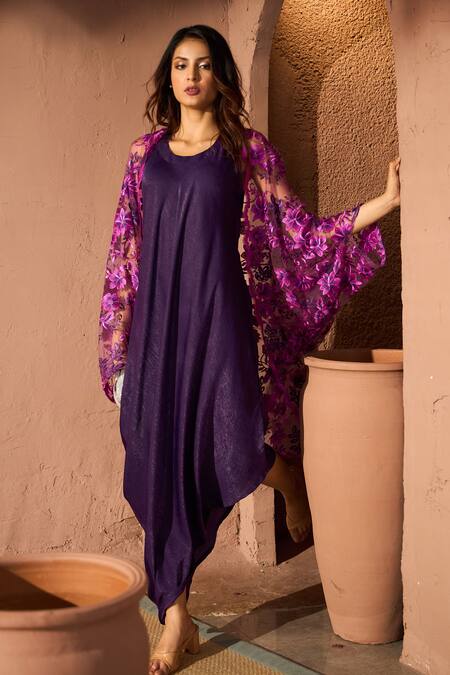 Shop_Tasuvure_Purple Satin, Silk, Lace Round Neck Slip Easy Dress With Floral Cape _Online_at_Aza_Fashions