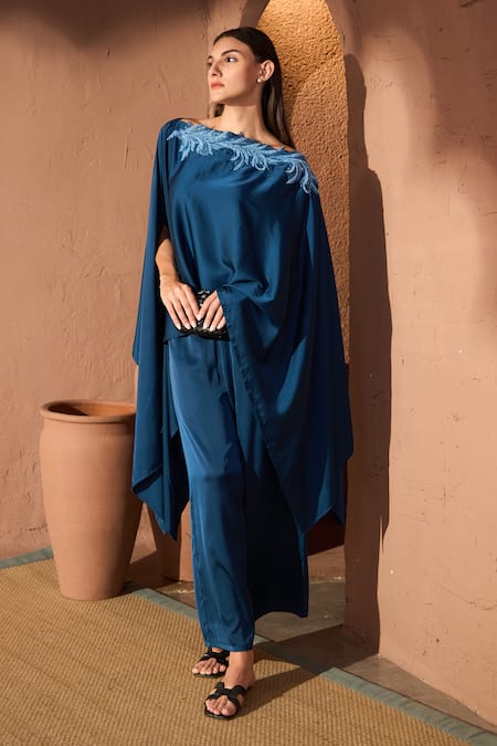 Tasuvure_Blue Satin, Silk Sequin Embroidered Cape And Pant Set _Online_at_Aza_Fashions