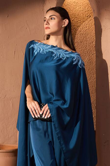 Buy_Tasuvure_Blue Satin, Silk Sequin Embroidered Cape And Pant Set _Online_at_Aza_Fashions