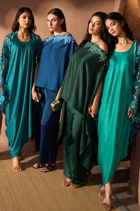 Shop_Tasuvure_Blue Satin, Silk Sequin Embroidered Cape And Pant Set _Online_at_Aza_Fashions