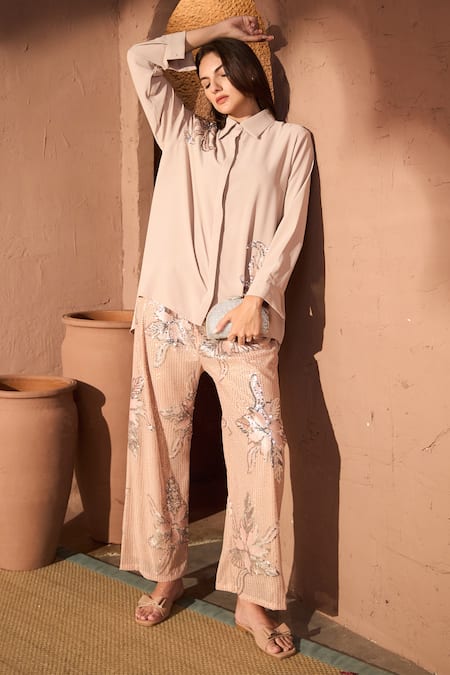 Tasuvure Pink Crepe Embroidered Sequin Collared Placement Floral Shirt And Pant Set 