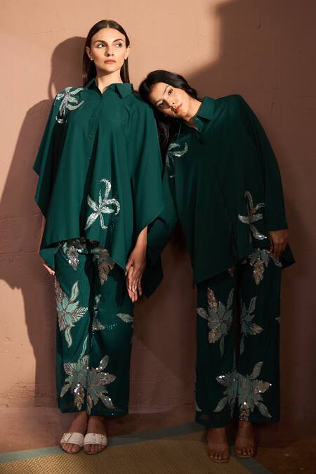 Tasuvure Green Crepe Sequins Collared Bianca Borage Embroidered Shirt And Pant Set Online at Aza Fashions Tasuvure_Green Crepe Sequins Collared Bianca Borage Embroidered Shirt And Pant Set _Online_at_Aza_Fashions