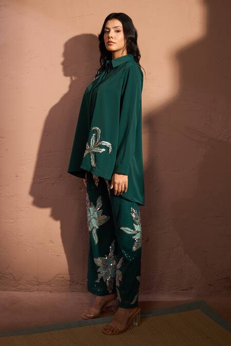 Buy Tasuvure Green Crepe Sequins Collared Bianca Borage Embroidered Shirt And Pant Set Online at Aza Fashions Buy_Tasuvure_Green Crepe Sequins Collared Bianca Borage Embroidered Shirt And Pant Set _Online_at_Aza_Fashions