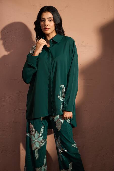Shop Tasuvure Green Crepe Sequins Collared Bianca Borage Embroidered Shirt And Pant Set Online at Aza Fashions Shop_Tasuvure_Green Crepe Sequins Collared Bianca Borage Embroidered Shirt And Pant Set _Online_at_Aza_Fashions
