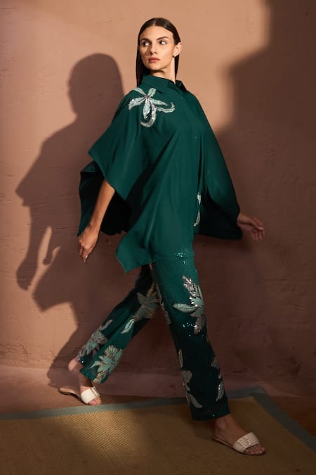 Buy Tasuvure Green Crepe Sequins Collared Bianca Borage Embroidered Shirt And Pant Set Online at Aza Fashions Buy_Tasuvure_Green Crepe Sequins Collared Bianca Borage Embroidered Shirt And Pant Set _Online_at_Aza_Fashions