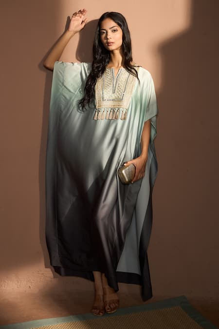 Tasuvure Blue Satin Embroidery Pearl Notched Neck Kathryn Yoke Kaftan 