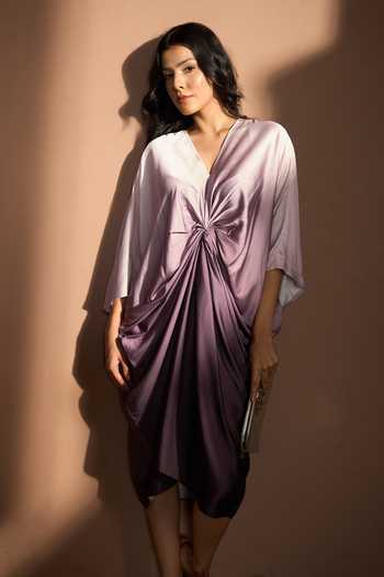 Buy_Tasuvure_Purple Satin V-neck Rossanna Twist Dress_Online_at_Aza_Fashions